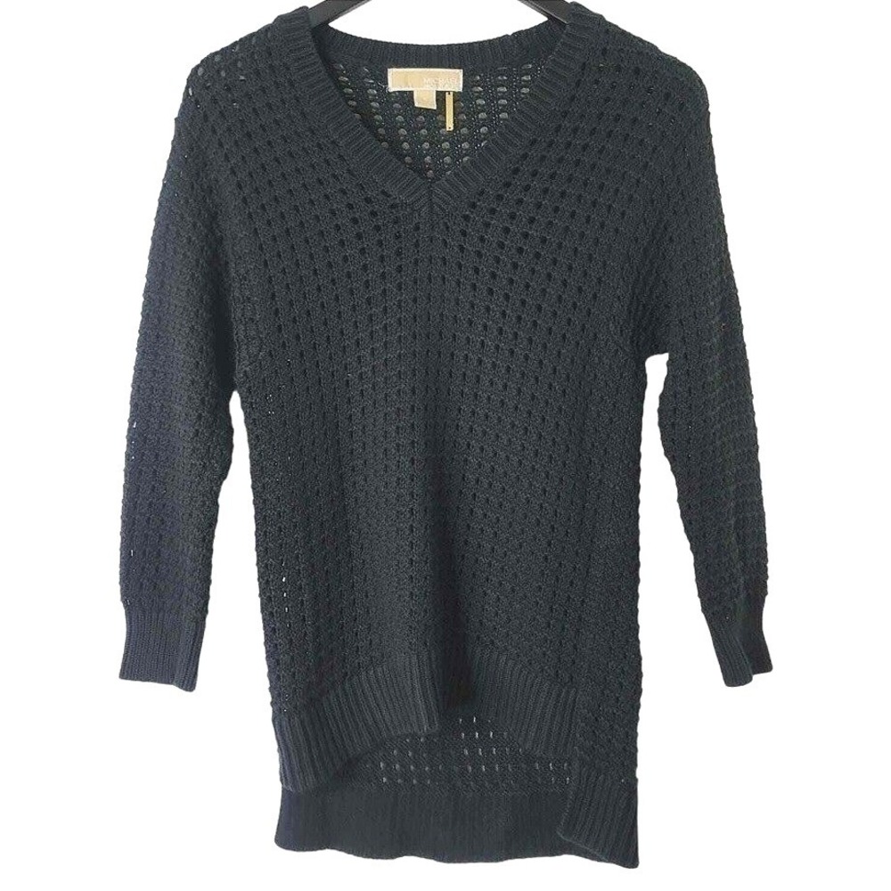 Michael‎ Kors Womens Black Open Knit V-Neck High-Low Sweater Size S